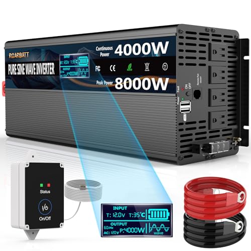 ROARBATT Pure Sine Wave Power Inverters 4000W 12V DC to AC 110V 120V Peak 8000W with Remote Control 4 Outlets,Dual USB Port,LED Display Terminal Blocks for Inverter Truck RV Car Solar System