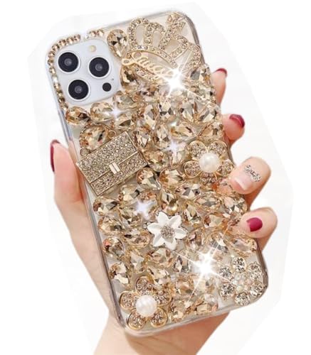 Poowear Compatible for iPhone 14 Pro Max Glitter Bling Case,Cute Luxury 3D Diamond Glitter Sparkle Crystal Rhinestone Women Girls Crown Handbag and Flower Gemstone Clear Bumper Protective Case - image 1