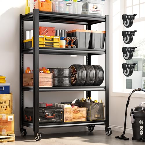 REIBII 59.8" H x 31.5" W x 16.5" D Storage Shelves with Wheels, 4 Tier Metal Shelving Adjustable Pantry Shelves, Capacity 530LBS for Garage Shelving, Pantry, Kitchen, Warehouse, Basement, Black