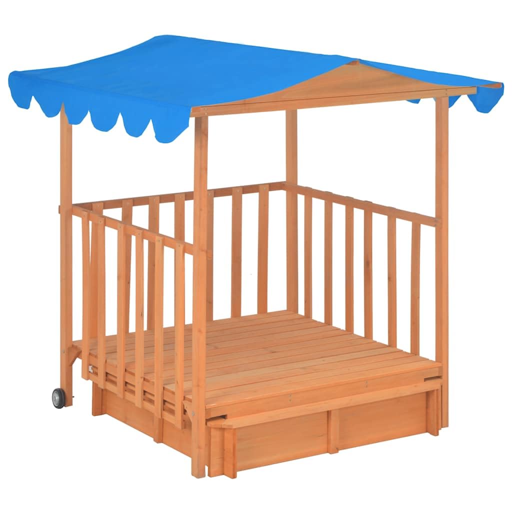 Kinderspielhaus mit Sandkasten aus Tannenholz Blau UV50-Schutzdach, 130x130x143 cm, mit Rollen, Montagematerial, Garten Outdoor Spielhaus für Kleinkinder zum Draußenspielen und Buddeln