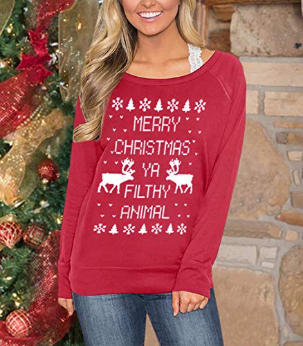 Christmas Women's Holiday Reindeer Shirt Merry Christmas Ya Animal Maroon Long Sleeve Sweatshirts S #TOP2