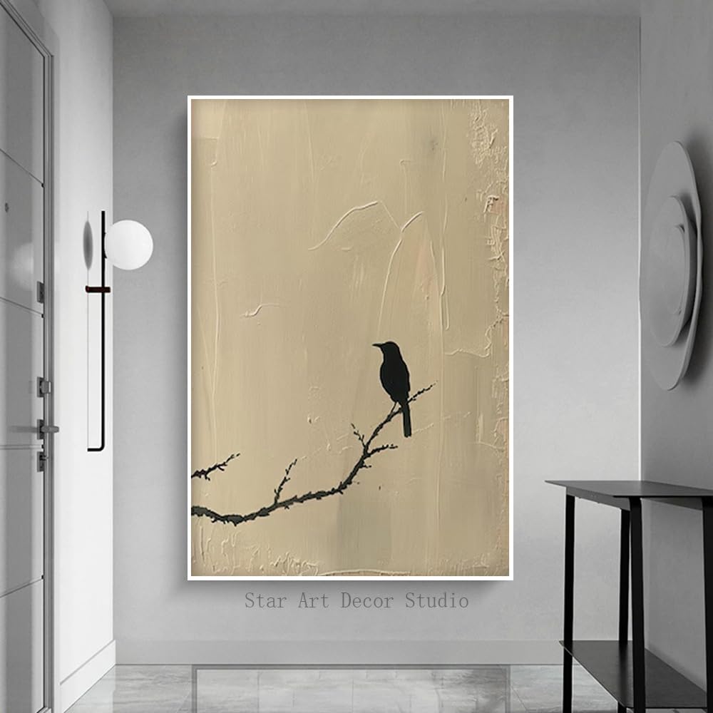 awitufhgp Texture Abstract Minimalist Style Bird Sitting on A Tree Branch, Pure Beauty of Minimalist Art, for Living Room, Office(55x75cm/22x30in(WxH)/No frame)