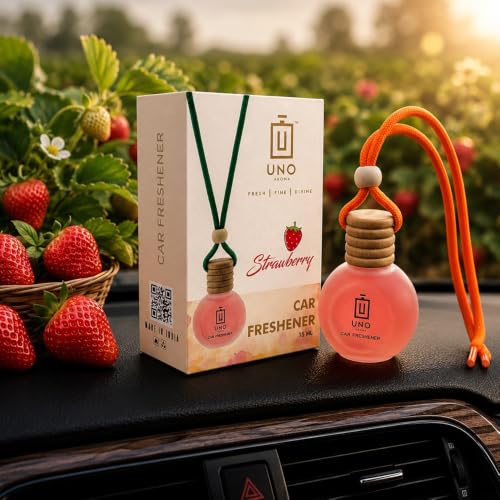 Image of UNO AROMA Strawberry Car Air Freshener, 15ml, Long Lasting Hanging car perfume, Toxin-Free Oil in Glass Bottle with Wooden Diffuser, Car Accessories for fresh aroma, Last Upto-60 Days