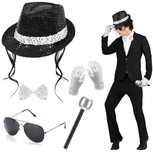 Accessoires de Costume MJ pour Adultes, avec Jazz Chapeau Paillette Faux Microphone Lunette de Soleil Gants Noeud Papillon Paillette, déguisement King of Pop pour fête à thème des années 80, carnaval