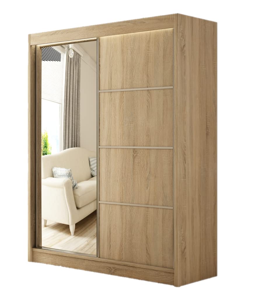 Margaret Hadas24 Kleiderschrank Padwa 150 mit Spiegel, Organizer, Mehrzweckschrank, Schwebetürenschrank, Garderobenschrank, Kleiderstange, Kleiderständer, Flurschrank, Schrank, 2-türig, braun