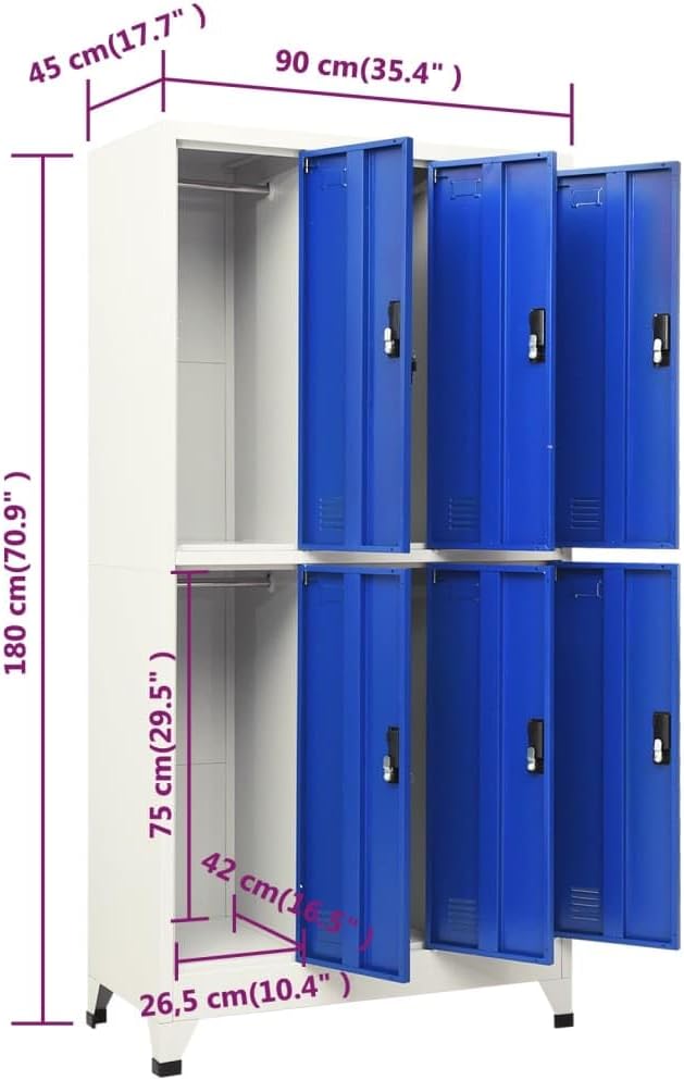 Grey and Blue Steel Medium Locker Cabinet with 6 Compartments and Secure Cam Locks for Office Locker Storage Organization