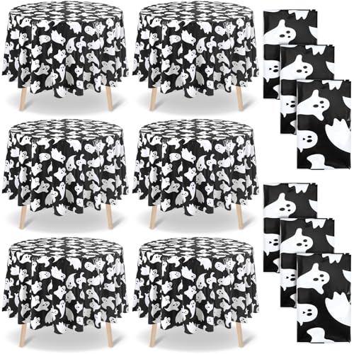 Image of Ganeen 6 Pcs Halloween Plastic Tablecloths 84 Inch White Black Ghost Disposable Table Cover Plastic Round Ghost Spooky Tablecloths Decoration for Halloween Baby Shower Party Supplies