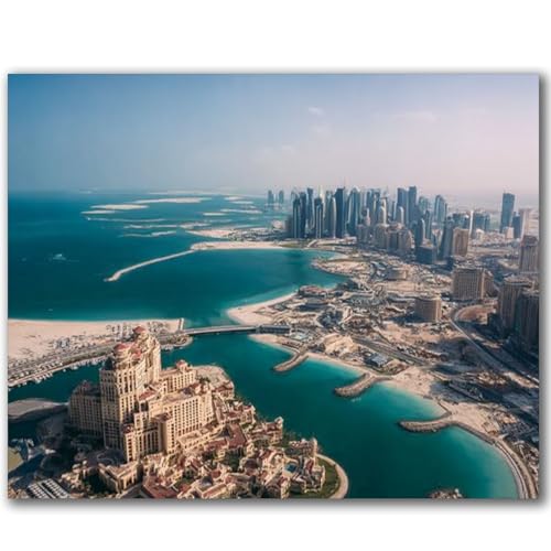 VETEB Paint by Numbers Kit for Adults Beginner Pearl Doha Aerial View DIY Framed Painting on Canvas by Numbers Acrylic Oil Painting Home Decor Gifts 16