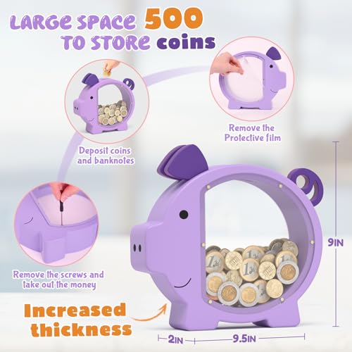 Image of Piggy Bank for Kids Girls,Purple Kids Piggy Bank with Creative DIY Stickers