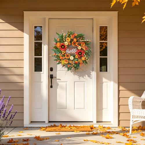 Image of 24 Inch Artificial Fall Wreaths for Front Door Outside with Hello Sign''