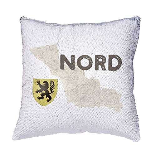 Coussin de decoration Lille Nord 59 en sequins rouges avec impression carte ancienne