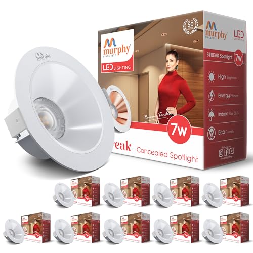 Image of Murphy 7W Streak LED Down Light WH+White Finish, Natural White Light, Round, Pack of 10, Recessed Ceiling LED Light, Suited for 3 inch Junction Box /Concealed Box (2 Years Warranty)