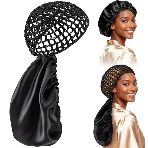 2 In 1 Wrap Cap Bonnet Reversible Curly Hair Bonnet for Sleeping Silk Press & Braid Protection Adjustable Double Layer Hair Wrap Cap&Net Elastic Hairsaver Wrap Caps for Natural Braided Locs-Black