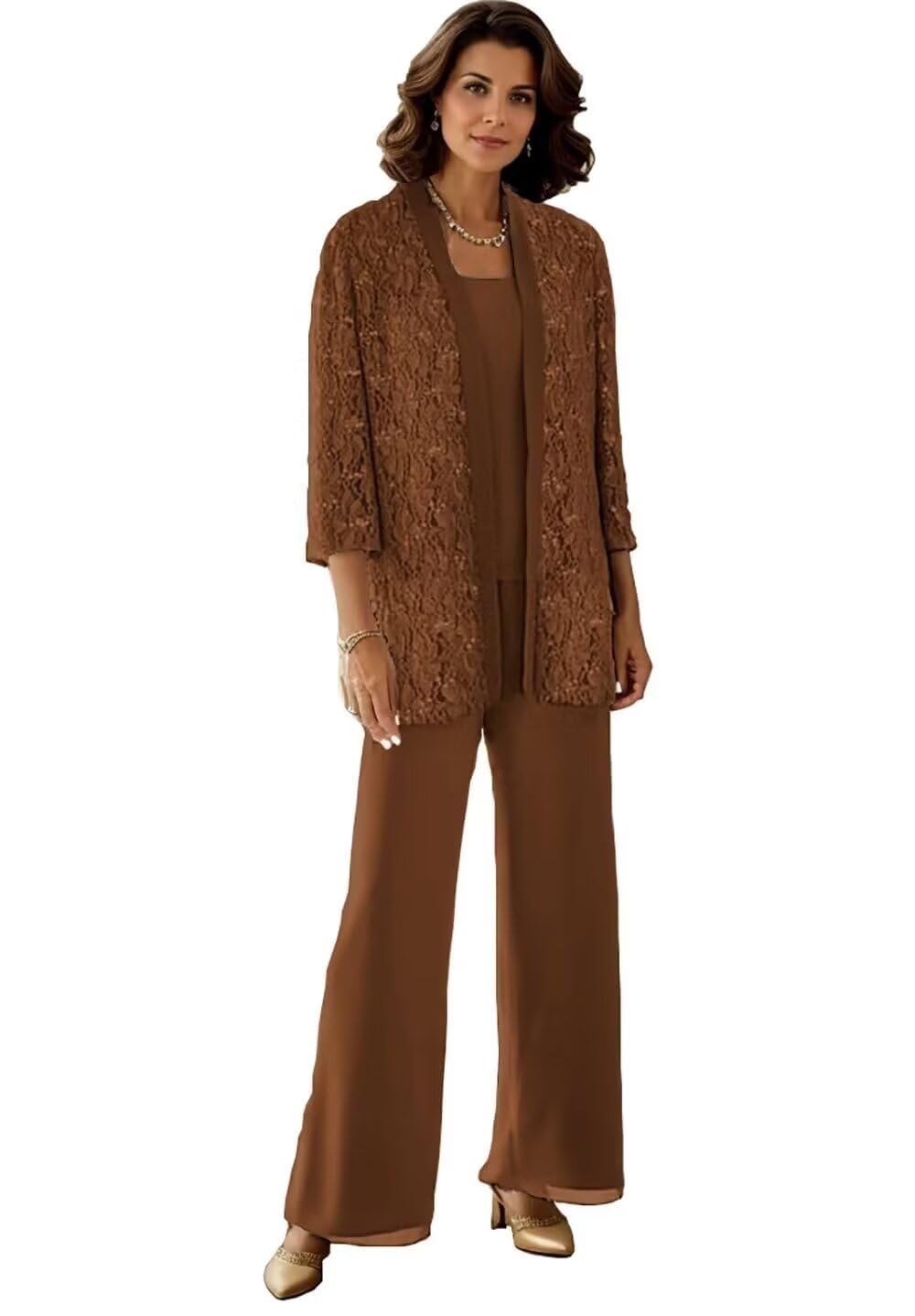 3 Pieces Mother of The Bride Pantsuits Lace 3 4 Sleeve Sparkly Formal Pant Suits for Women