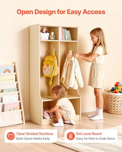 Image of VEVOR 2-Section Coat Locker with Bench, Kids Lockers with 4 Hooks & Non-Slip Mat, Classroom Cubbies for Daycare, Home, Kindergarten- Natural