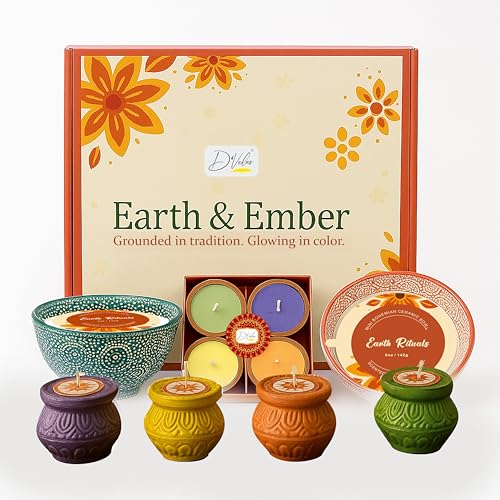 Image of D'Velas Earth & Ember Christmas Gift Set | 2 Scented Bandhani Bowl Candles, 4 Handpainted Votive Cups & 4 Scented Candles | Holiday Home Decor & Gifting | New Year Eve | Premium Fragrance