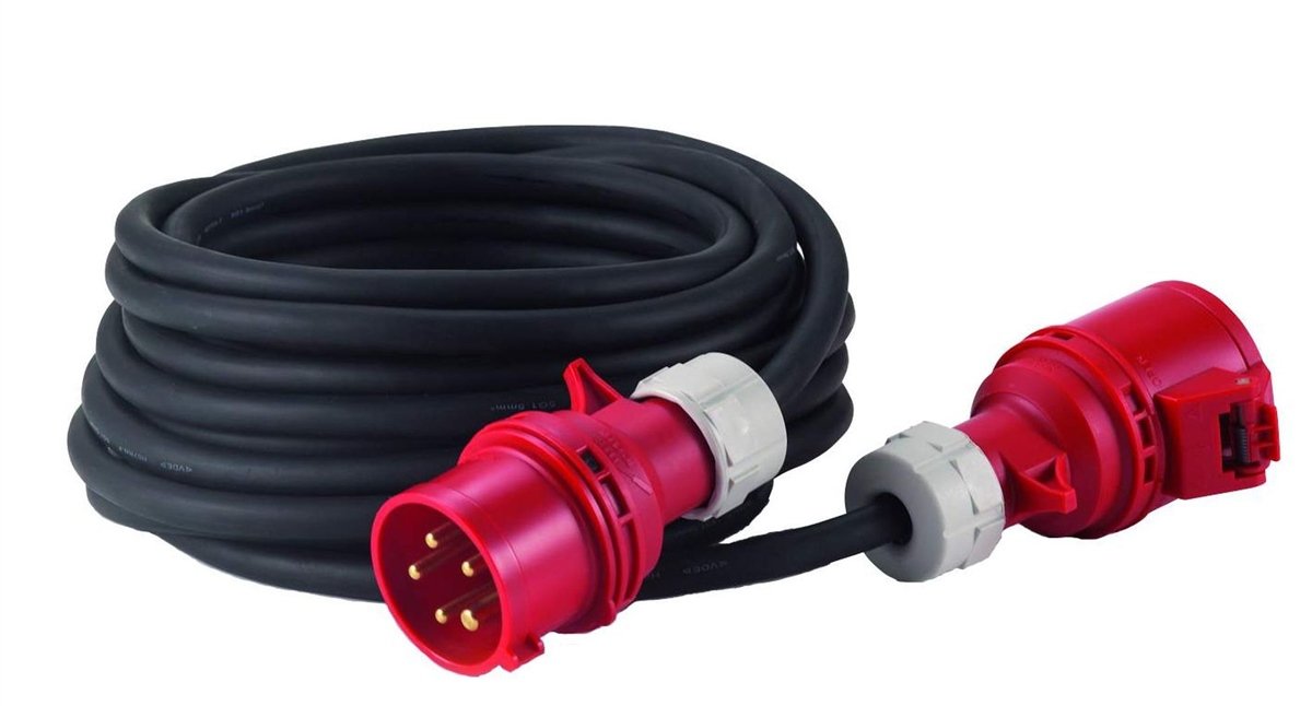 Hedi. Alargador trifásico AC 32 A de 25 m. cable de goma de neopreno 5G2,5, color negro, IP44. Con inversor de fase.