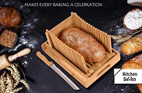 Kitchen Seven Bamboo Bread Slicer With Crumb Tray Bamboo Bread Cutter For Homemade Bread, Loaf Cakes, Bagels Slicer, 3 Slice Sizes, Adjustable, Compact, Foldable #TOP1