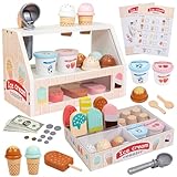 Wooden Ice Cream Set Counter Toy for Toddlers, Wooden Play Food Kitchen Accessories, Pretend Play Ice Cream Shop Toys for Kids Ages 3+, Play Store with Fake Money & Coin