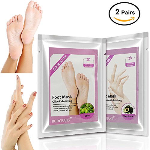 BUOCEANS Foot Peel Mask, Moisturizing Gloves, Hand Mask Foot mask Set, Exfoliating Foot Peeling Mask Hand mask, Soft Skin, Men & Women, Removes Dead Skin & Calluses in 2 Weeks, 2 Pairs