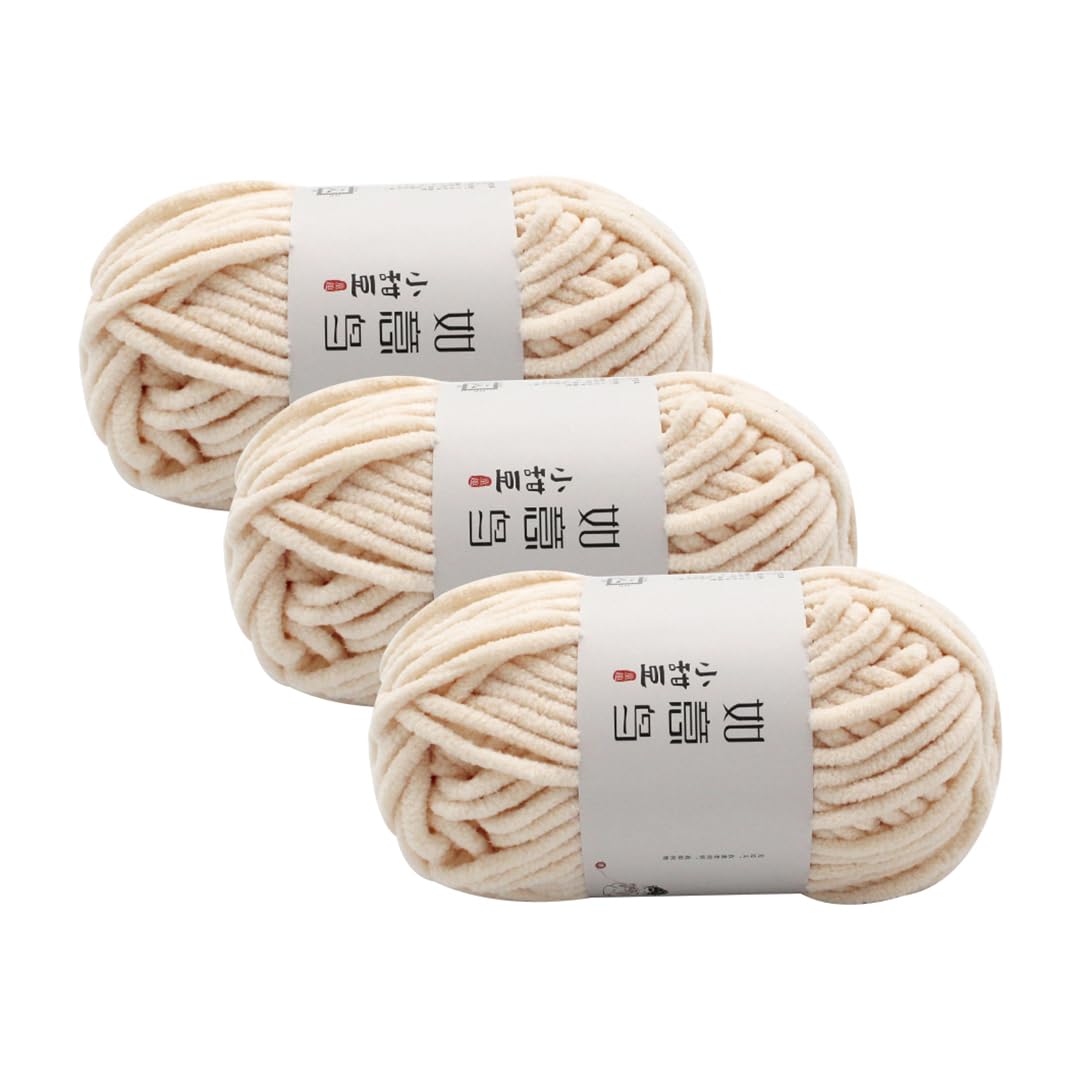3 Pack Chunky Chenille Soft Yarn for Hand Knitting and Crochet,Bulky Thick Fluffy Plush Yarn for Beginners (55m,55g Each Skein) (Skin Color)