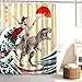 LKFBSC Funny Cute Cat Shower Curtain, Japan Cat Dinosaur Surfing Ocean Sea Wave Fabric Shower Curtains Set, Japanese Art Shower Curtains with Hooks, Kids Bathroom Decor 72x72inch