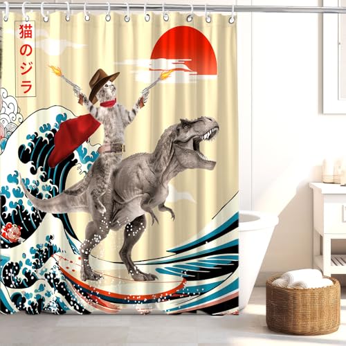 Image of Funny Cute Cat Shower Curtain, Japan Cat Dinosaur Surfing Ocean Sea Wave Fabric Shower Curtains Set, Japanese Art Shower Curtains with Hooks, Kids Bathroom Decor 72x72inch