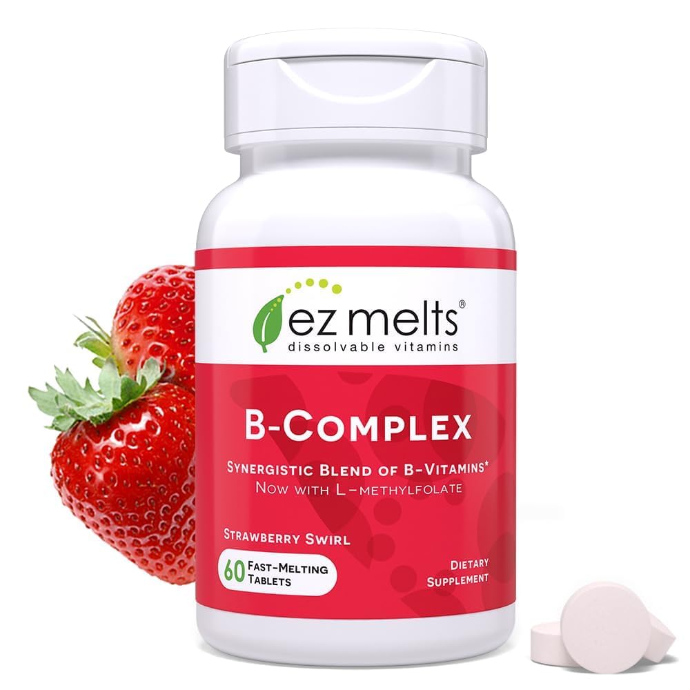 EZ Melts B-Complex with Methylcobalamin and Methylfolate, Sublingual Vitamins, Vegan, Zero Sugar, Natural Strawberry Flavor, 60 Fast Dissolve Tablets