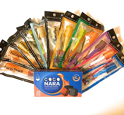 Lolli-Tip Hard Candy Hookah Tip, Assorted Flavors, 12 Assorted Piece and 20 Pcs Coco Nara Coconut Shells Charcoal Flat Cubes.