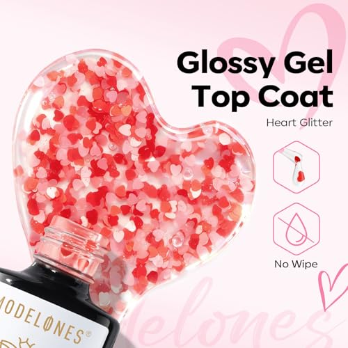 Image of modelones Heart Glitter Gel Top Coat, 15 ML 2 in One No Wipe Clear Gel Nail Polish Red Pink Color Reflective Hearts Sequins Glossy Shine Long Lasting Soak Off Manicure Gift for Women