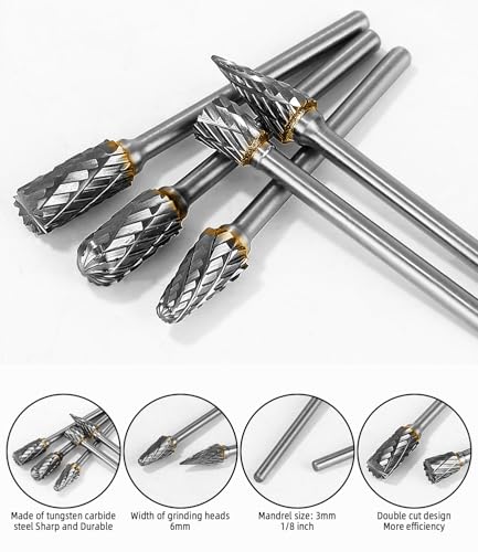 Hartmetall Frässtifte Set for Dremel, 10 Stück Doppelschnitt-Frässtifte mit 3mm Schaft kompatibel, für Schleifen, Schnitzen, Metallpolieren, Gravieren, Bohren