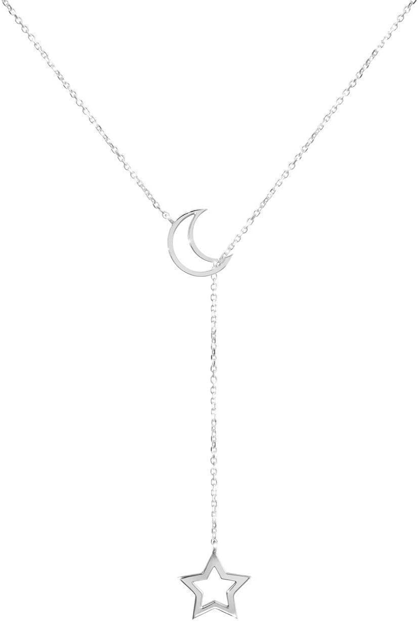 Tiny Crescent Moon and Star Lariat Style Necklace, 9K 14K 18K Solid Gold, Yellow Gold, Gift For Her/code: 0.002