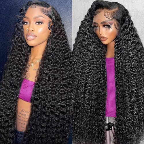 Dundix 32 Inch Deep Wave Lace Front Wigs Human Hair 13x6 HD Lace Front Wigs Human Hair Glueless Wigs Pre Plucked Deep Wave Wig 200 Density Deep Curly Wig for Women