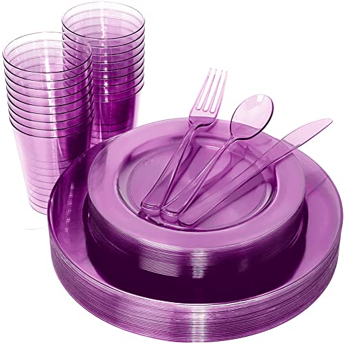 Wdf 25 Guest Purple Plastic Plates With Purple Plastic Silverware & Purple Plastic Cups -Neon Clear Purple Plates Include 25 Dinner Plates,25Salad Plates,25Forks, 25Knives,25 Spoons,25Cups #TOP3