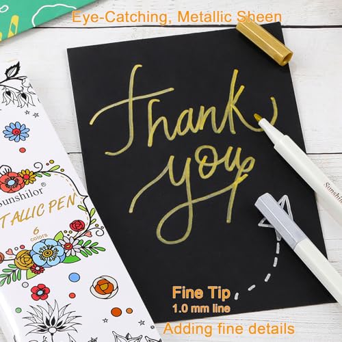 Sunshilor Metallic Markers Fine Point Metallic Marker Pens for Black Paper, Rock Painting, Easter Egg, Halloween Pumpkin, Card Making, Metal, Ceramic, Wine Glass, Set of 6
