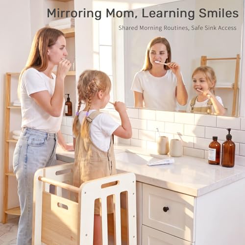 Image of WINGYZ Toddler Tower - Anti-Tip Natural Wood Learning Stool Helper for Kids 18M-6Y, 150lb Capacity Kitchen Stool with 3-Height Adjustable Platform and Sliding Door Access, 20lb Portable Design, White