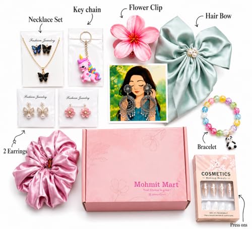Image of Girls Fashion Accessories teues Gift Hamper Box | Korean Style Jewellery, Hair Bow, Scrunchie, Bracelet, Earrings, Nail Tips & Cute Accessories Combo for Women & Girls