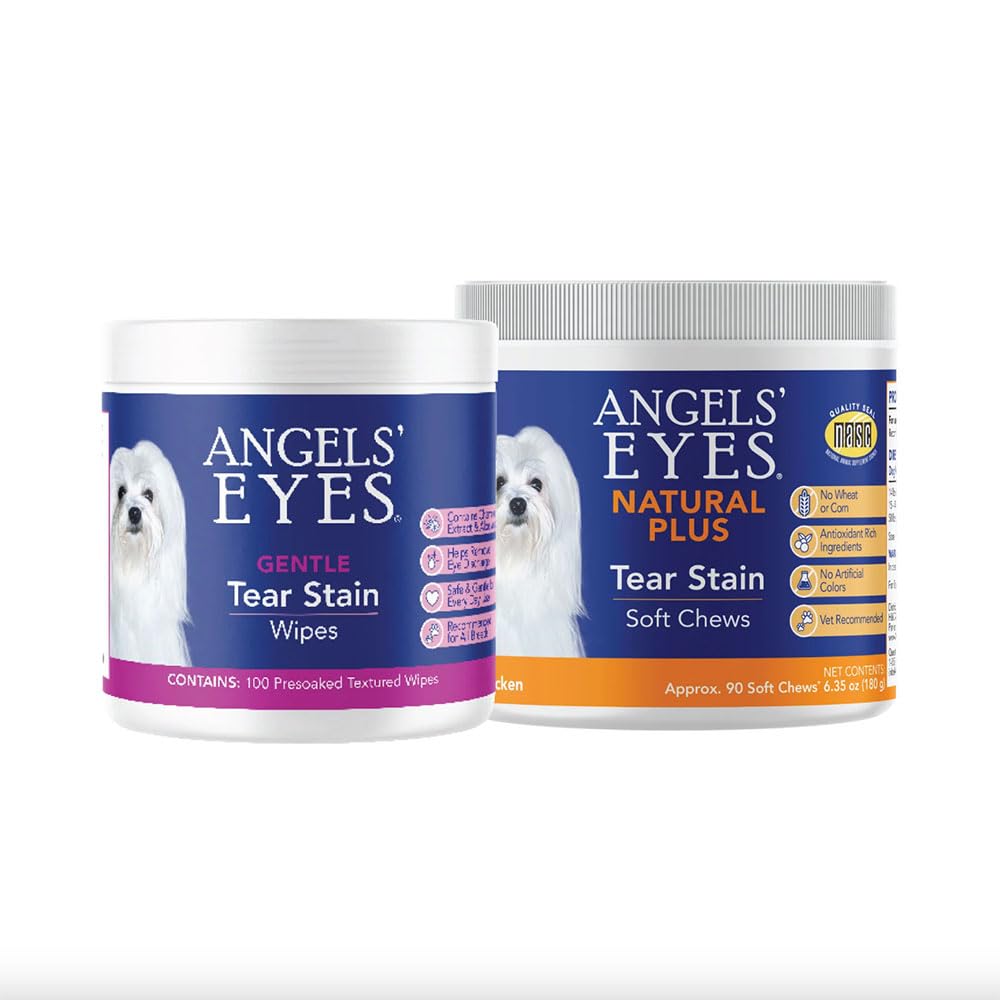Bundle of ANGELS' EYES Gentle Tear Stain Eye Wipes for Dogs and Cats + ANGELS' EYES Natural Plus Tear Stain Prevention Soft Chews for Dogs, Chicken, 90 Count