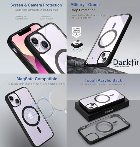 Image of DARKFIT Back Cover Case Compatible for iPhone 13 | Mag-Safe Magnetic Cover TPU Ultra Hybrid Camera Bump Protection Compatible with Wireless Charging Designed Color Clear Transparent Black | Pack of 1