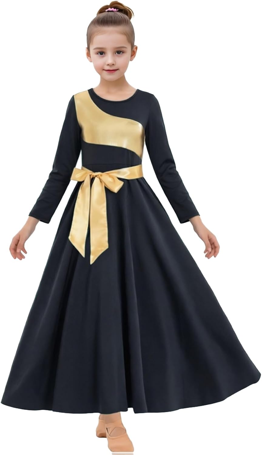 ORIDOOR Girls Praise Dance Dress Metallic Gold Liturgical Worship Church Robe Full Length Swing Lyrical Costume