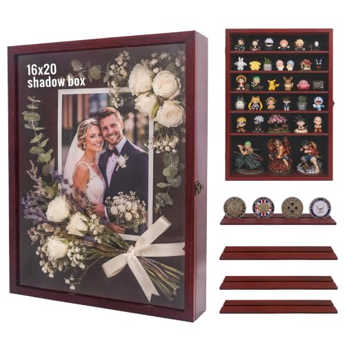 Image of GMFrames 16x20 Wooden Shadow Box Frame with Removable Shelves Deep Display Case for Military Medals Keepsakes Cherry