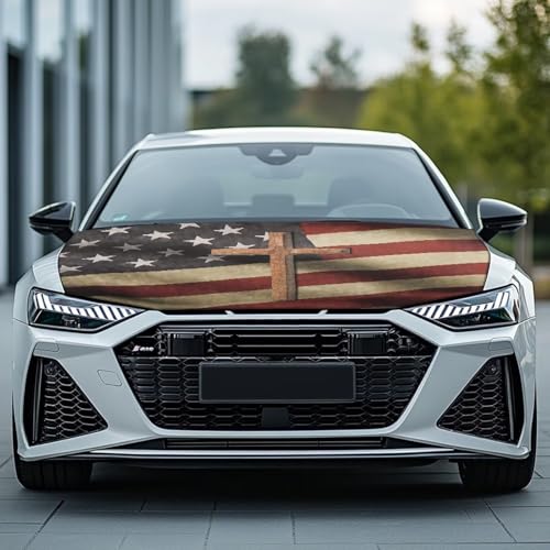 Image of Cross American Flag Pattern Car Hood Cover Weather-Resistant Automotive Hood Covers Washed Auto Hood Flag Universal Fit for SUV Pickup Trucks