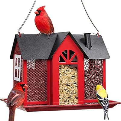 Kingsyard Bird Feeder House for Outside, Metal Mesh Wild Bird Feeder with Triple Feeders for Finch Cardinal Chickadee, Large Capacity, Weatherproof and Durable, Red