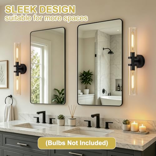 Image of Indoi Wall Sconces Set of Two, Hardwired Matte Black Bathroom Sconces Wall Lights with Amber Glass, Modern Sconces Wall Decor Set of 2 Vanity Light fixtures for Bathroom Mirror Bedroom