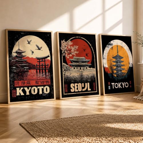 Image of kotart Japanese City View Wall Framed Posters | Aesthetic Japan Theme City View Framed Poster for Living Room Bedroom Gaming Room Studio Wall Decor Set Of 3 (20x30 Inch)
