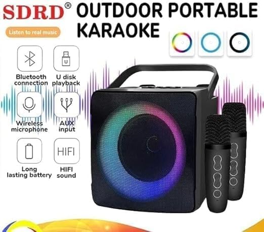 SDRD SD-508 speaker with feature icons for Bluetooth, U-disk, wireless microphone, AUX input, long lasting battery, and HIFI sound