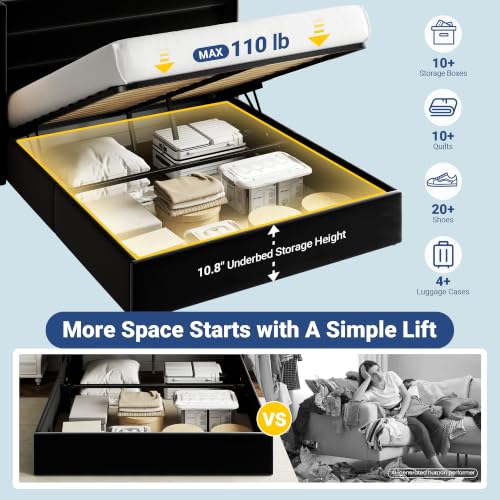 Image of Allewie Full Size Velvet Lift Up Storage Bed, Modern Wingback Headboard, Hydraulic Support, No Box Spring Needed, Black