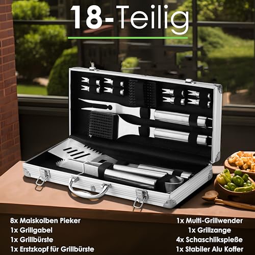 18-teiliges Grillbesteck Set aus Edelstahl | Grillkoffer | Grillwerkzeug | Grillset | Grillwerkzeugkoffer | Grillzange | Grillbürste | Fleischgabel | Grillwender – Bild 4