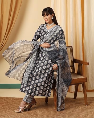 Image of TADKEE Women's Anarkali Printed V-Neck Kurta with Pant & Dupatta | 3 /4 Sleeve | Kurta Set for Women | Ethnic Set for Women | Dupatta Set |Suit Set