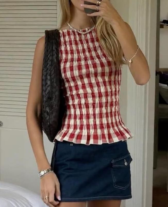 Women Smocked Tank Tops Y2k Ruffle Hem Shirred Crop Top Cute Sleeveless Peplum Shirt Summer Going Out Tops Streetwear2